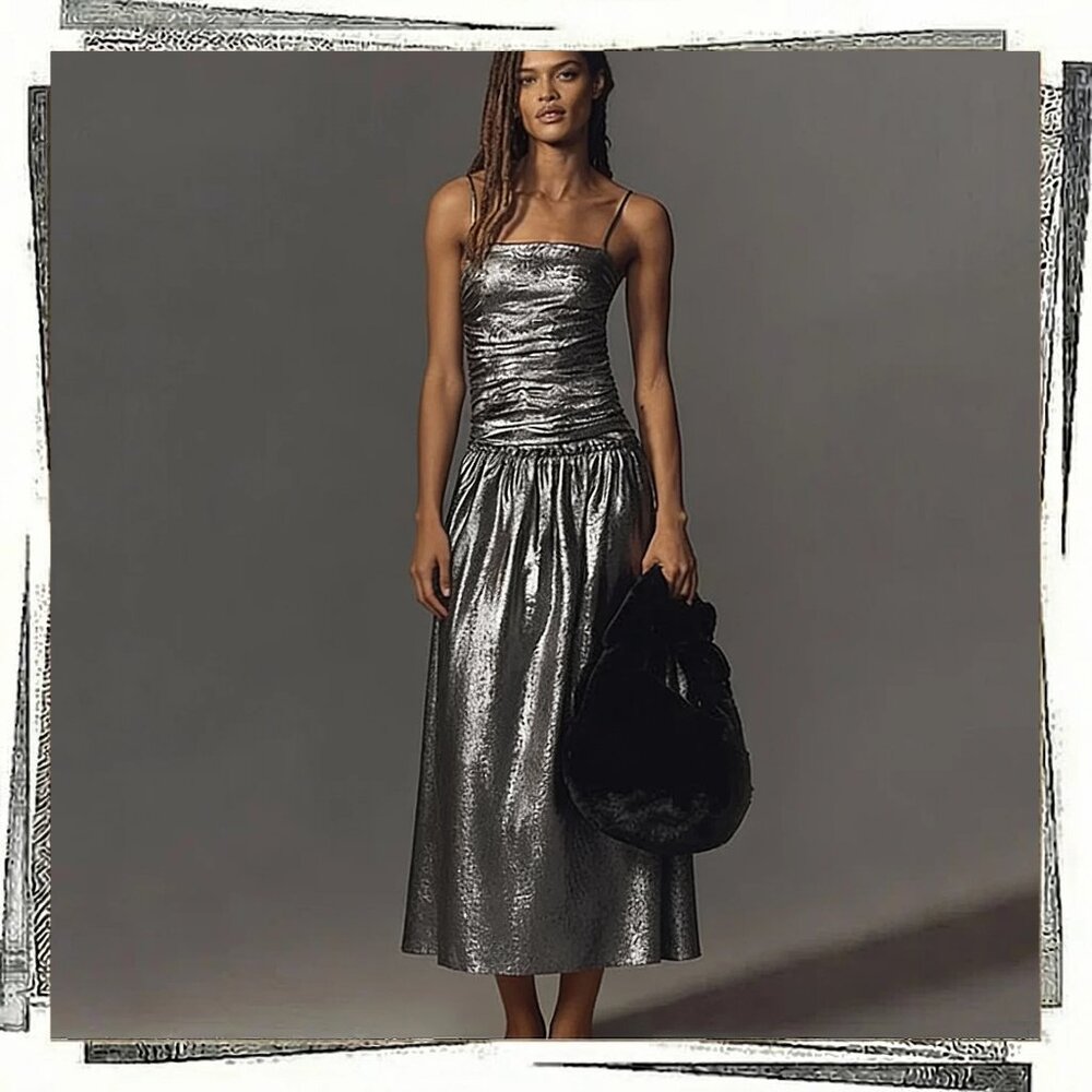 NWT: 70's Disco Inspired Silver Foil Flash Ruched Drop-Waist Midi Dress (S)